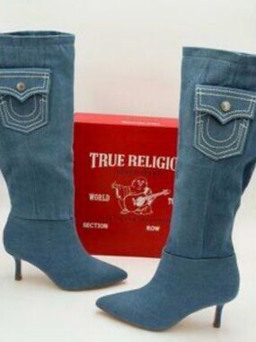 True Religion Denim Knee-High Stiletto Boots - Denim Blue (box not included)